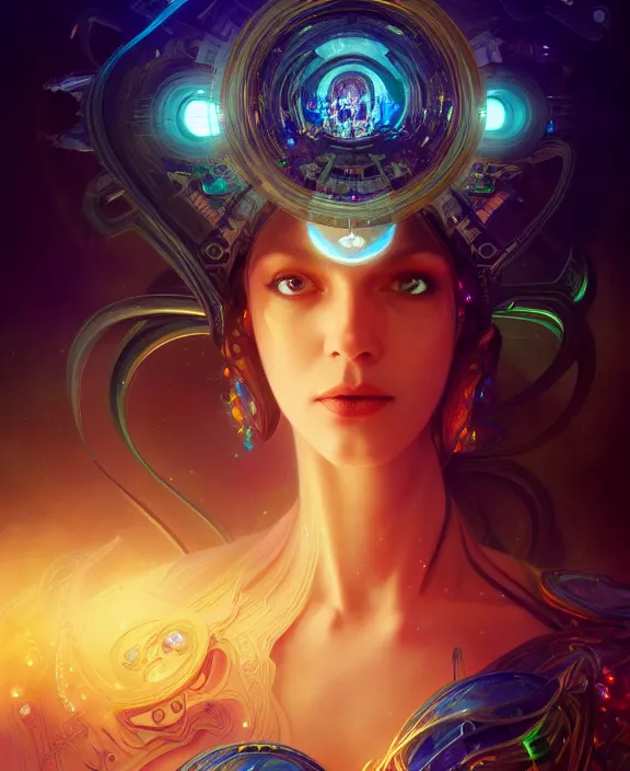 Image similar to a whirlwind of souls rushing inside the metaverse, half body, glowin eyes, tiara with sapphire, pharaoh, android, cyberpunk, d & d, fantasy, intricate, elegant, highly detailed, colorful, vivid color, digital painting, artstation, concept art, art by artgerm and greg rutkowski and alphonse mucha and ruan jia