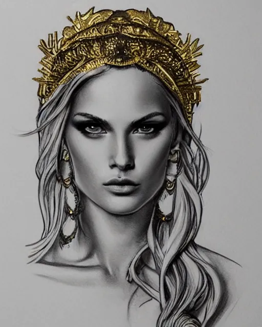 Image similar to tattoo design sketch of hot blonde super model as aphrodite greek goddess wearing a gold laurel wreath and triangle earrings, beautiful piercing gaze with sharp pupils, in the style of greg rutkowski, fantasy, amazing detail, epic, elegant, smooth, sharp focus, front view