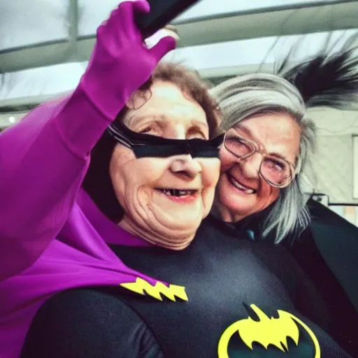 Image similar to high quality selfie photo of grandma being chased by batman