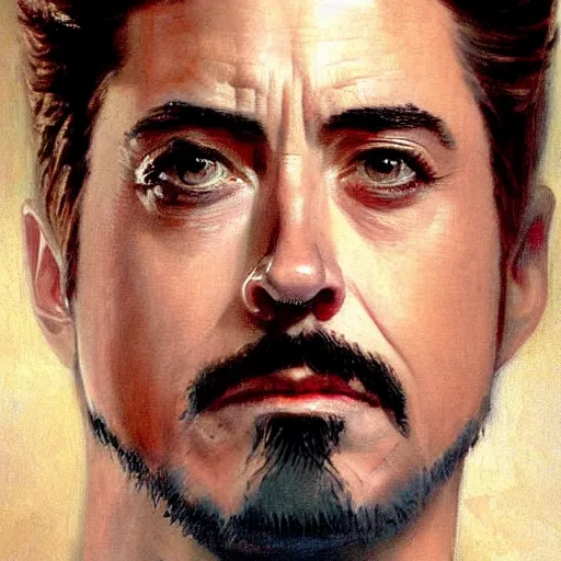 Image similar to Bouguereau painting .close up of attractive robert downey tony stark.wearing iron man armor