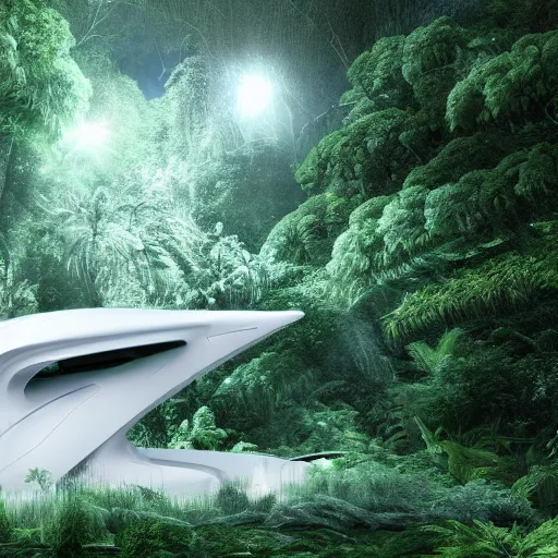 Prompt: futuristic white spaceship in a dense alien rainforest, HD, high def