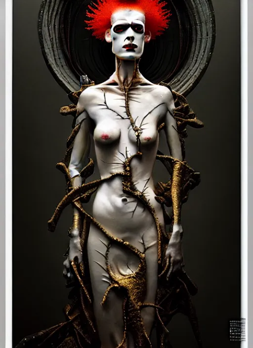 Image similar to portrait of kristen mcmenamy as a futuristic bride of frankenstein, kintsugi, modern fine art, fractal, intricate, elegant, highly detailed, digital photography, subsurface scattering, by jheronimus bosch and greg rutkowski,