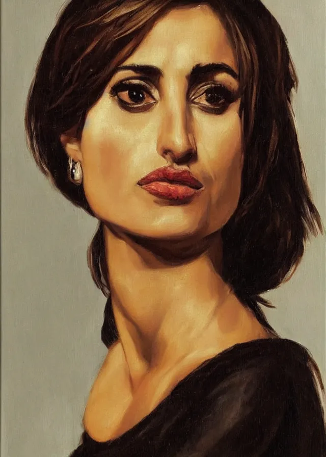 Prompt: oil painting, portrait of penelope cruz, artwork by caravaggio