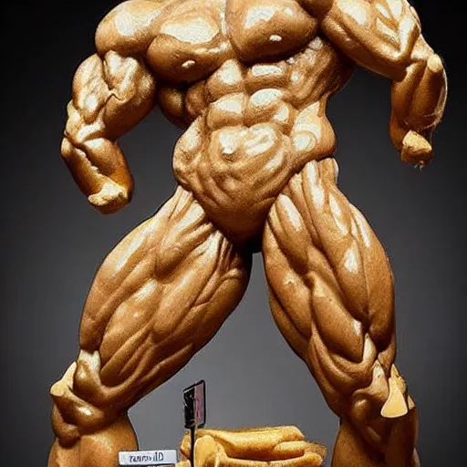 Prompt: Sculpture of a bodybuilder made entirely from cheese, by Antoni Gaudi