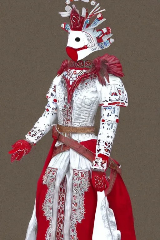 Image similar to female adventurer in tight full - body white embroidered leather armor of vyshyvanka design with red accents and a red porcelain crow mask, trending in artstation, ukrainian, establishing shot