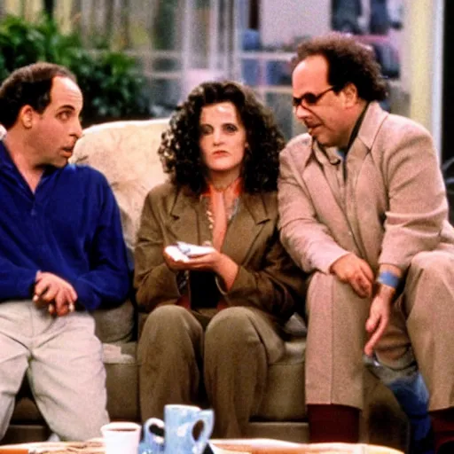 Prompt: Jerry Seinfeld, George Costanza, Elaine Beness and Cosmos Kramer smoking a joint and having a good time, TV still from the 90's