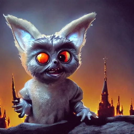 Image similar to gizmo from the gremlins movie!!!!!!!! standing on a cliff overlooking a small, quaint, and foggy town being overrun by gremlins, burning church in the center of town, fantasy, dramatic, dramatic lighting, highly detailed, extremely professional digital painting, law of thirds, artstation, concept art, smooth, sharp focus, illustration, by alena aenami and bernardo bellotto, octane render