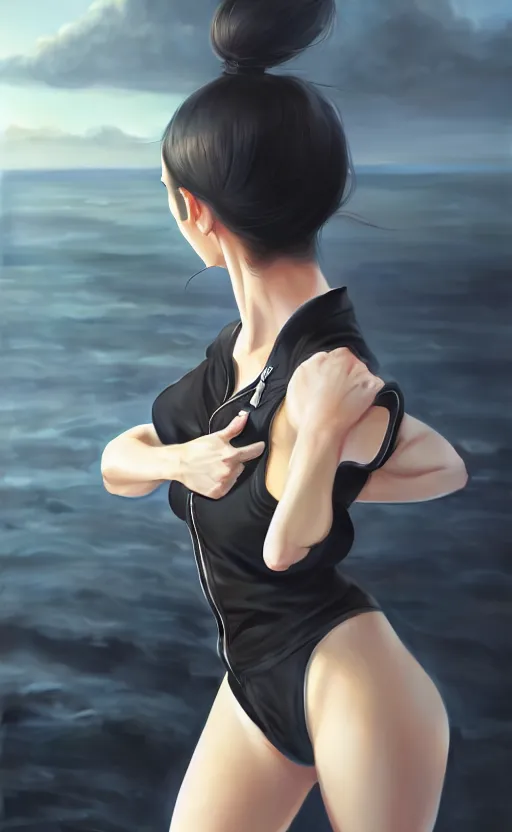 Image similar to black ponytail hair, pale woman in a black unzipped jacket, black shorts, by artgerm, beautiful render, matte painting, realistic, dynamic angle, wlop, loish, octane render, sharp focus, by greg rutkowski makoto shinkai