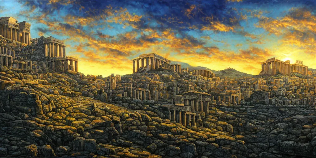 Image similar to fantasy oil painting, megalithic city of athens, fantasy, buildings, colossal, gate, looming, small buildings, warm lighting, street view, daytime, silhouetted figure standing overlooking the port city, epic, distant mountains, bright clouds, luminous sky, cinematic lighting, michael cheval, michael whelan, artstation, oil painting, vray, 8 k hd