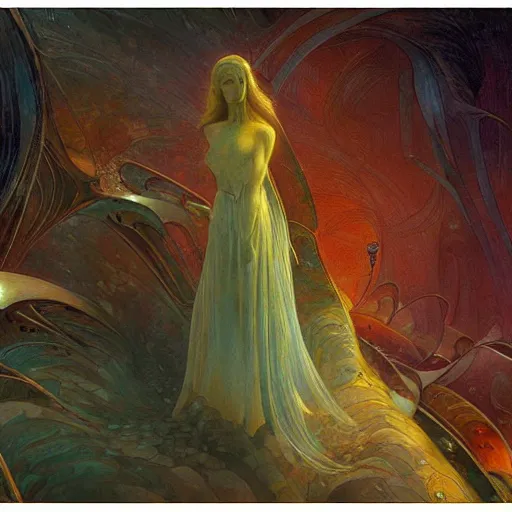 Image similar to a painting in the style of jean delville and in the style of stephan martiniere.