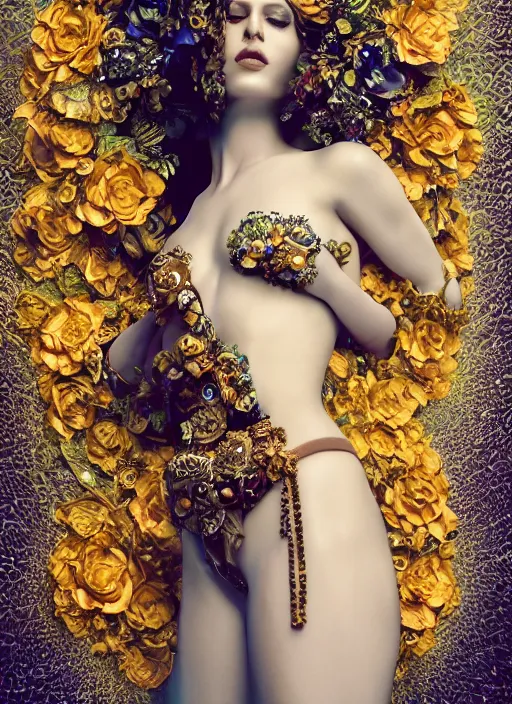 Prompt: full body photo of a female model, ornate headpiece made from flowers, ornaments, glamour shot, by karol bak, by stefan gesell, photorealistic, canon r 3, fashion photography, hyper maximalist, elegant, ornate, luxury, elite, environmental portrait, symmetrical features, octane render, unreal engine, solid dark grey background, dramatic lights