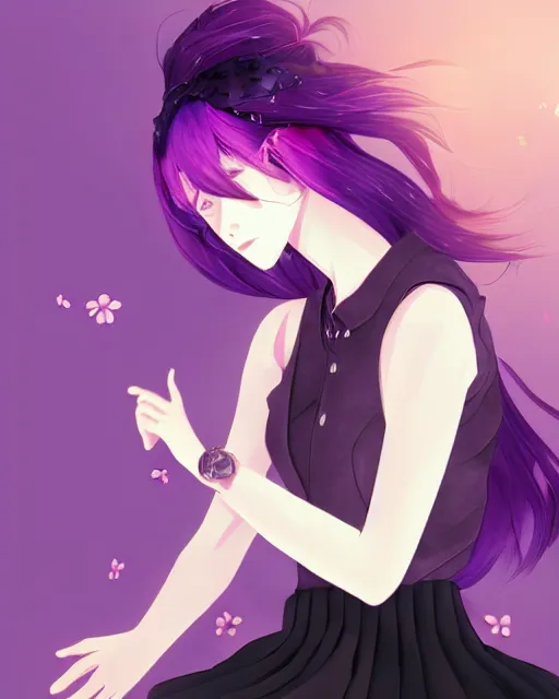 Prompt: girl with purple hair and black skirt, flower decoration on the background, a beautiful half body illustration, backlit, harsh overhead sunlight, art by seungmin kim and sakimichan