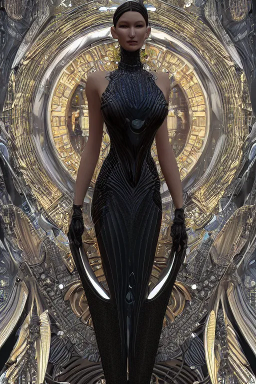 Prompt: a highly detailed metahuman 4 k render of an alien cyberpunk goddess bella hadid in iris van herpen dress schiaparelli in diamonds swarovski and jewelry in style of alphonse mucha gustav klimt trending on artstation made in unreal engine 4