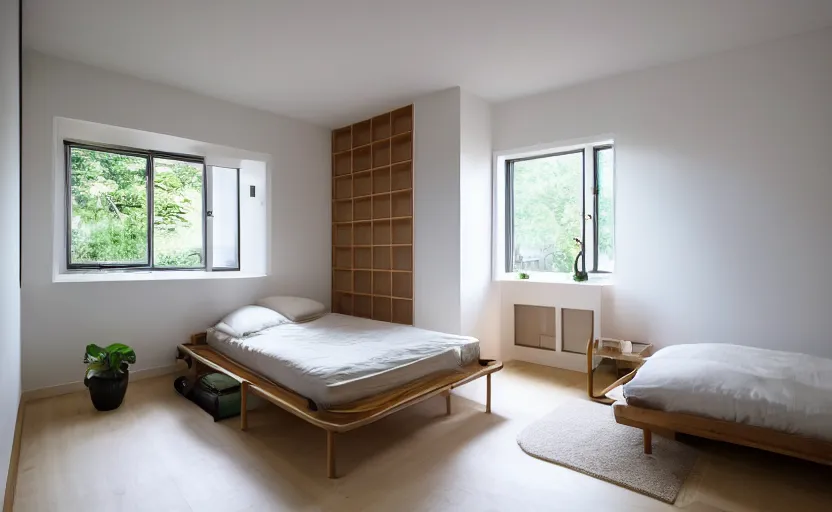 Image similar to interior of a small and compact minimalist bedroom in an apartment building, japanese style, bed, cupboards, bamboo wood, white, beige, bright, green wall, windows with a view of a green park, natural materials, modernist, swedish design, 8 k