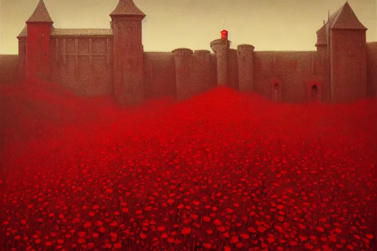 Image similar to only with red, red flowers, a crimson tiger, a castle in the background, medieval demons speak with people, an ancient path, in the style of beksinski, part by hopper, part by rodcenko, part by hofbauer, intricate composition, red by caravaggio, insanely quality, highly detailed, masterpiece, red light, artstation