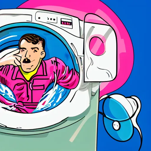 Image similar to Astronaut stuck in a giant washing machine that is washing pink clothes. 8k resolution. Art deco. Pop art.