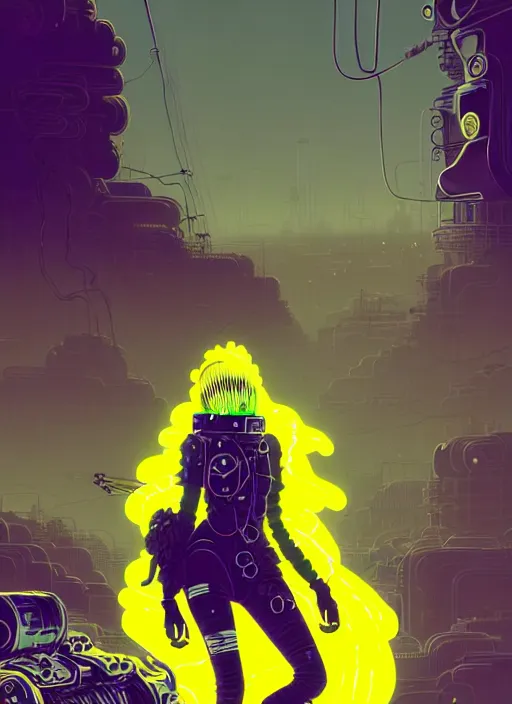 Image similar to highly detailed portrait of wasteland punk long curly bright yellow and white plasma electricity hair tribal lady, stray electric spark wiring by atey ghailan, james gilleard, by joe fenton, by greg rutkowski, by greg tocchini, by kaethe butcher, 4 k resolution, gradient yellow, black and white color scheme!!! ( ( lightning cloudy robotic dystopian city background ) )