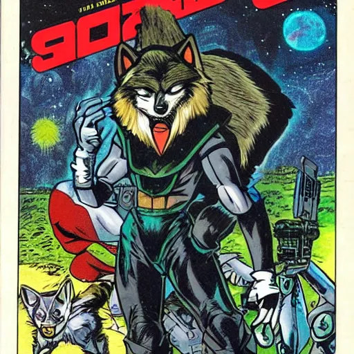 Image similar to 1 9 8 0 s comic book cover scan featuring a portrait of villain male wolf o'donnell anthropomorphic wolf furry fursona from starfox wearing a dark space mercenary uniform, dark grey wolf, handsome eyes, wolf o'donnell