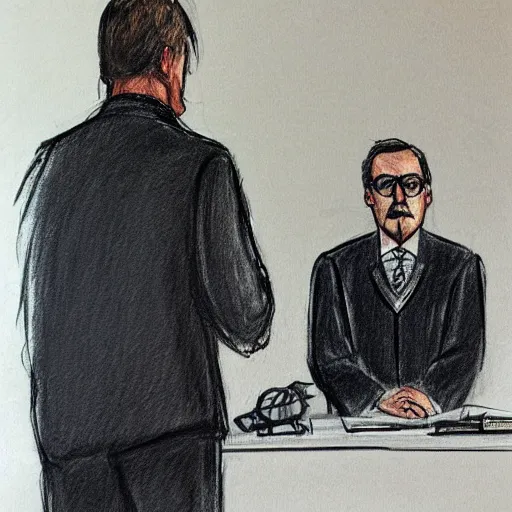 Prompt: court sketch of saul goodman looking defeated, with trimmed mustache and glasses, wearing prison jumpsuit, testifying on stand with judge looking over, sketch by jeff kandyba, jane rosenberg, elizabeth williams, howard brodie, marilyn church h