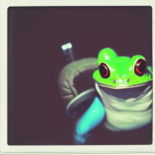 Image similar to a polaroid photo of a frog wearing headphones