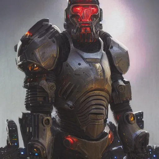 Image similar to the doomslayer with bright glowing armor as a realistic scifi cyberpunk knight, closeup portrait art by donato giancola and greg rutkowski, vintage retro scifi, realistic face, digital art, trending on artstation, symmetry!!!