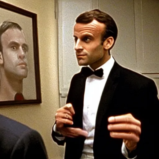 Image similar to Gigachad Emmanuel Macron in American Psycho (1999)