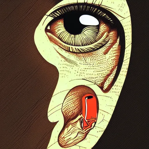 Image similar to stipple shaded illustration of a human ear and a bird looking inside, by ilya kuvshinov, anatomy book, retro flat colors, retrofuturism