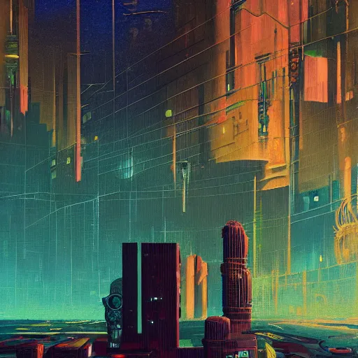 Image similar to 4 0 1 1 6 7 1 9 2 4 a graph style gauche impasto, sad, steampunk, cyberpunk art by james gilleard, city depth of field, cgsociety, retrofuturism, synthwave, retrowave, outrun, paint, high detail.