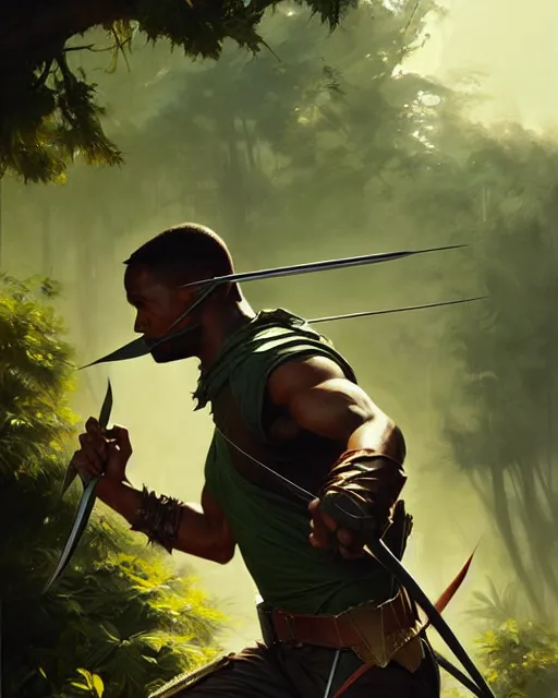 Prompt: robin hood fighting the predator. realistic shaded lighting poster by greg rutkowski, magali villeneuve, artgerm, jeremy lipkin and michael garmash and rob rey