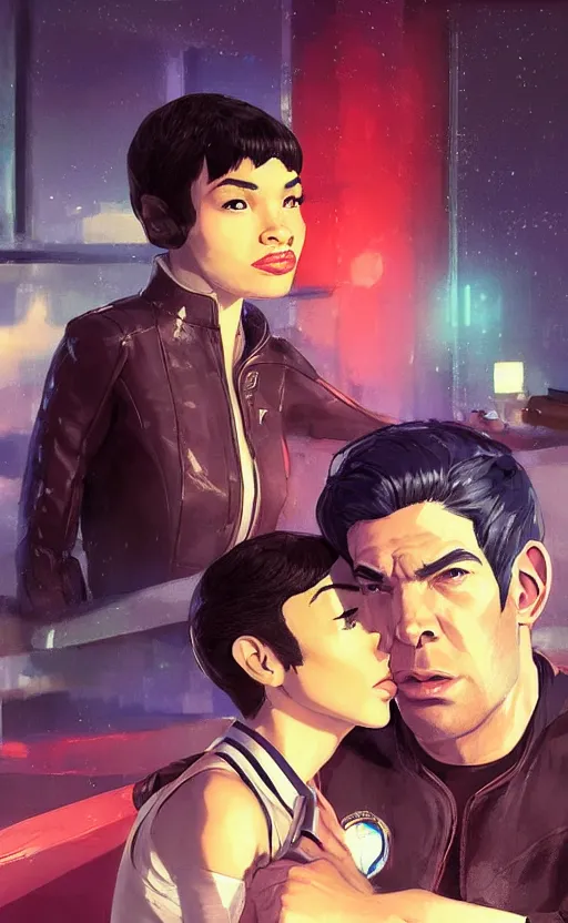 Image similar to Celia Rose Gooding as Uhura and Ethan Peck as Spock caught about to kiss, surprise, cute, innocent, soft lighting, standing in a starbase bar, In style of Yoji Shinkawa, wojtek fus, by Makoto Shinkai, concept art, highly detailed