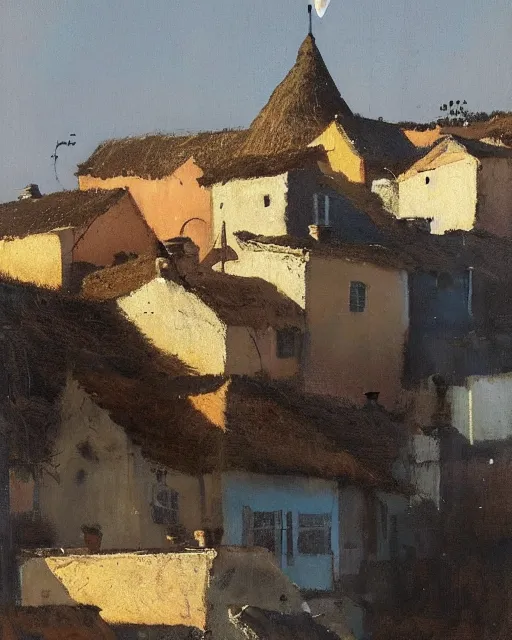 Prompt: Painting by Greg Rutkowski, a big ceramic jug with a gold ornament flies high in the night dark blue sky above a small village with white houses under thatched roofs