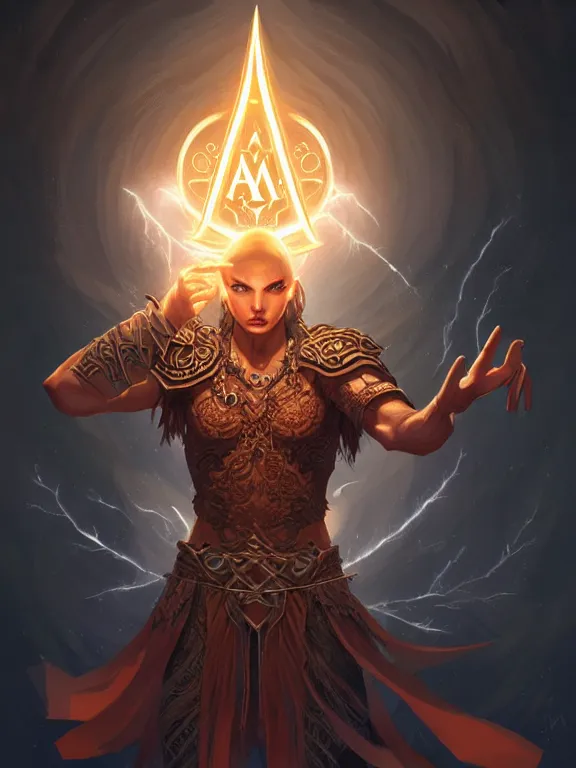 Image similar to symmetry!! intense fanart of a mage warrior as acotar protagonist, magic lightning ring, fireball hand, runic tattoos, intricate, elegant, highly detailed, digital painting, artstation, concept art, smooth, sharp focus, illustration, by cgsociety and stefan kostic and stanley lau and artgerm, gorgeous, elegant