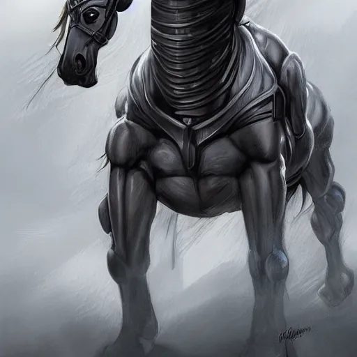 Prompt: a exaggeratedly muscular anthropomorphized horse with a magnificently muscular physique wearing a tight leather armor while protecting a facility, long white mane, equine, anthro art, furaffinity, highly detailed, digital painting, artstation, sharp focus, concept art, illustration, art by artgerm, greg rutkowski, wlop