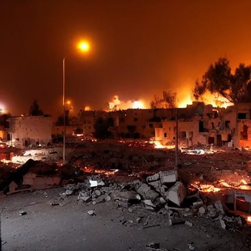 Prompt: pictures of bombed city in Syria at night, fire bombs nuke