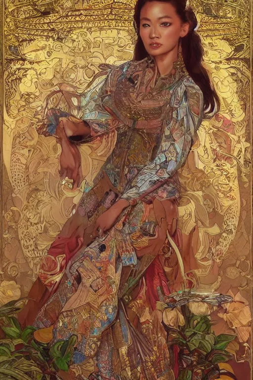 Image similar to portrait of an indonesian supermodels wearing traditional costume,!!!! very coherent!!!! highly detailed, digital painting, artstation, concept art, sharp focus, illustration, art by kittichai rueangchaichan and james gurney and alphonse mucha