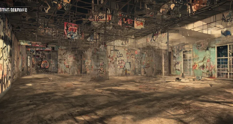 Prompt: photo realistic!! a rundown mall interior with hanging wire and graffiti, very detailed, slightly smokey, unreal engine