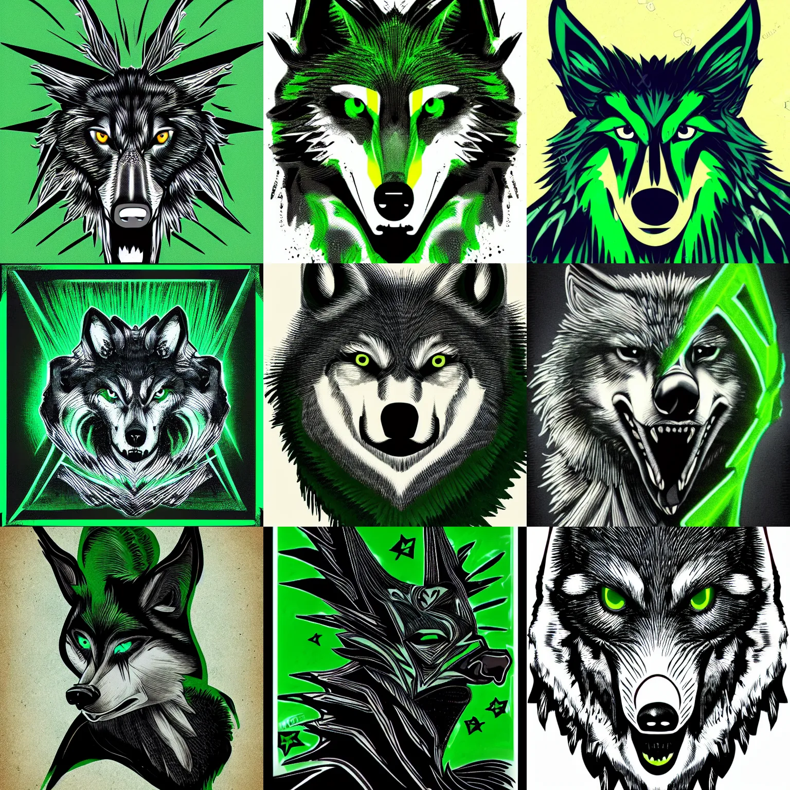 Prompt: wolf eagle mutant, green and black stylized art