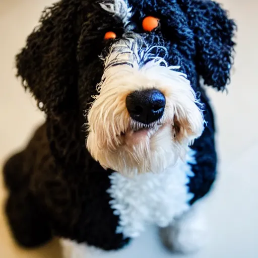 Image similar to a closeup photorealistic photograph of a cute smiling knitted bernedoodle judge dog dressed in a black gown, presiding over the courthouse. indoors, professional capture, well lit shot. this 4 k hd image is trending on artstation, featured on behance, well - rendered, extra crisp, features intricate detail, epic composition and the style of unreal engine.