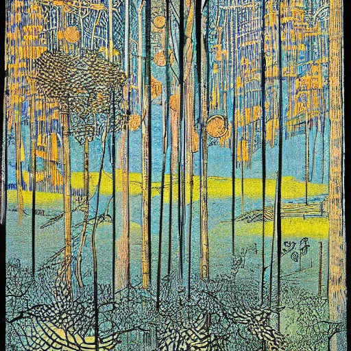 Prompt: a foggy golden forest, colored woodcut, poster art, by Mackintosh, art noveau, by Ernst Haeckel, bright pastel colors