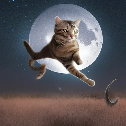 Image similar to cat chasing the moon, artistic, artstation.