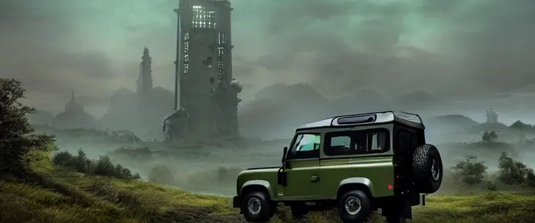 Image similar to Land Rover Defender 110 (1985), an epic fantasy, dramatic lighting, cinematic, establishing shot, extremely high detail, photorealistic, cinematic lighting, artstation, by simon stalenhag, The Elder Scrolls IV: Oblivion, Green Cyrodiil plains, Imperial City with the Adamantine Tower in the middle in the distance, at day