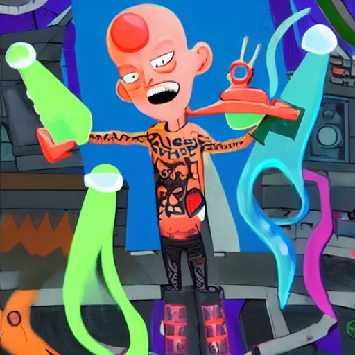 Prompt: psychic punk rocker electrifying rockstar squid guy with a vampire squid for a head concept character designs of various shapes and sizes by genndy tartakovsky and splatoon by nintendo and the psychonauts franchise by doublefine tim shafer artists as well as the artist for the new hotel transylvania film