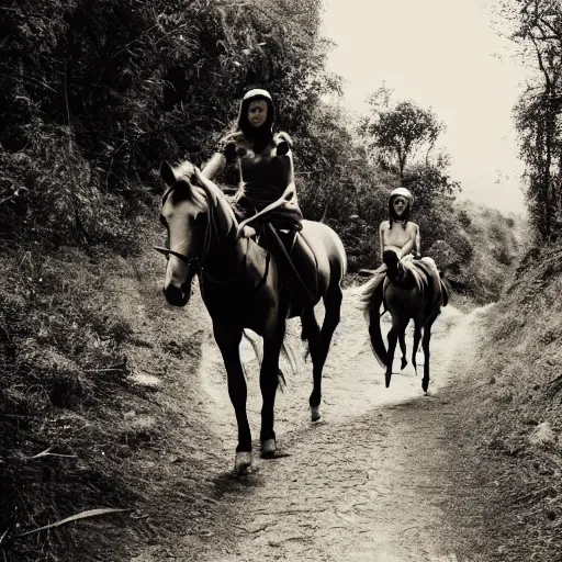 Image similar to women, riding man like a horse, on a small path in the hills