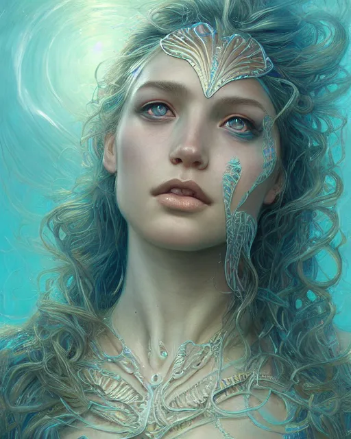 Image similar to mermaid portrait | highly detailed | very intricate | symmetrical | cinematic lighting | award - winning | closeup portrait | painted by donato giancola and mandy jurgens and charlie bowater | featured on artstation