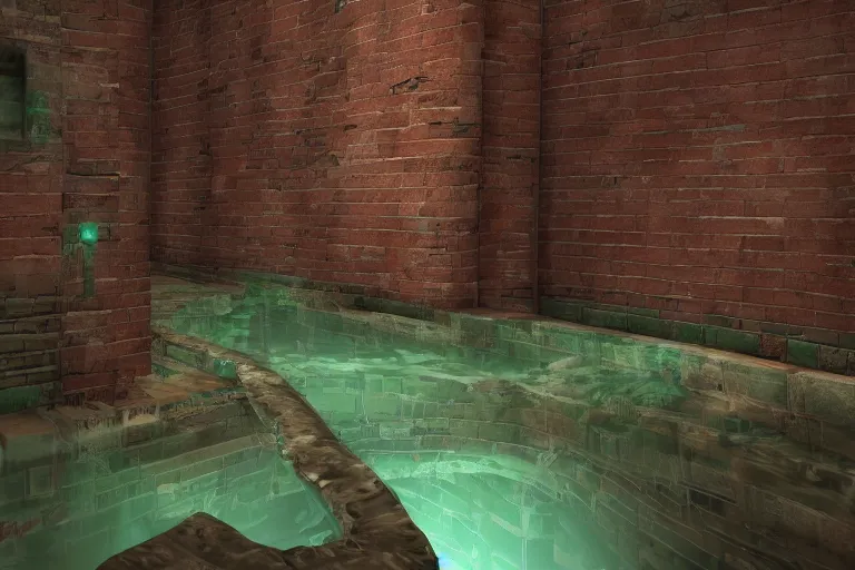 Image similar to stylized sewers environment, concave brick walls run along the center channel, pipes on the walls, a slight green glow emanates from the water, lively, Unreal Engine render, Artstation 4K