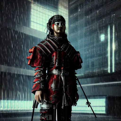 Image similar to cyberpunk samurai in a dytopian future, ultra realistic, fog, raytracing, reflections, rain, octane render