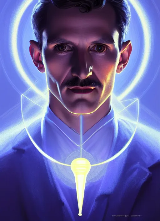 Image similar to symmetry!! portrait of nikola tesla male, chemisty, sci - fi, glowing lights!! intricate, elegant, highly detailed, digital painting, artstation, concept art, smooth, sharp focus, illustration, art by artgerm and greg rutkowski and alphonse mucha, 8 k