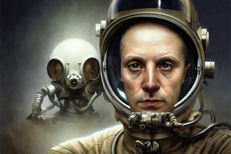 Image similar to portrait shot of ww 1 astronaut, horror, grim - lighting, high - contrast, intricate, elegant, highly detailed, centered, digital painting, artstation, concept art, smooth, sharp focus, illustration, artgerm, tomasz alen kopera, peter mohrbacher, donato giancola, joseph christian leyendecker, wlop, boris vallejo