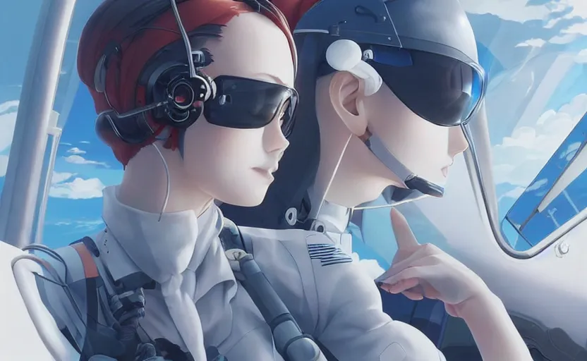 Image similar to pilot girl in her airplane, cyborg parts, anime style, occlusion shadow, specular reflection, rim light, unreal engine, range murata, artstation, pinterest, art by hiroaki samura and ilya kuvshinov and rossdraws, intricate, highly detailed 8 k, art deco illustration, extremely beautiful shape of face, neck, shoulders eyes