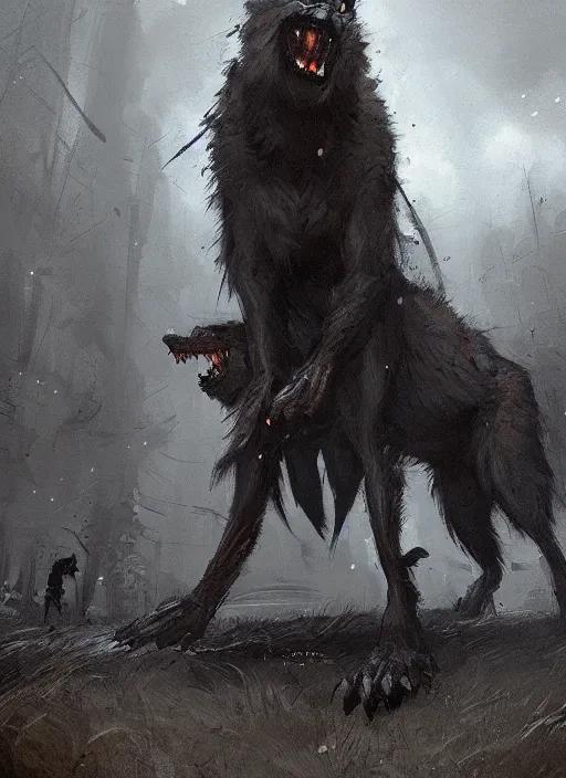 Image similar to jakub rozalski artstation, werewolf